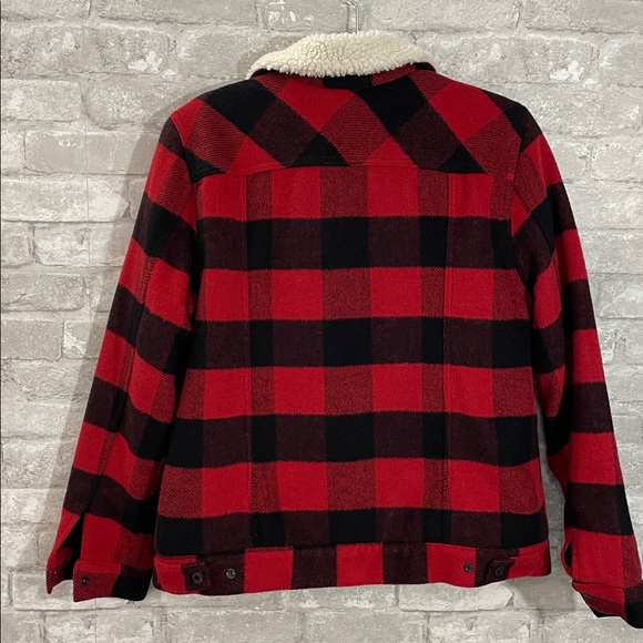 Levi's Sherpa Wool Blend Trucker Jacket in a red and black buffalo plaid pattern - Picture 7 of 10